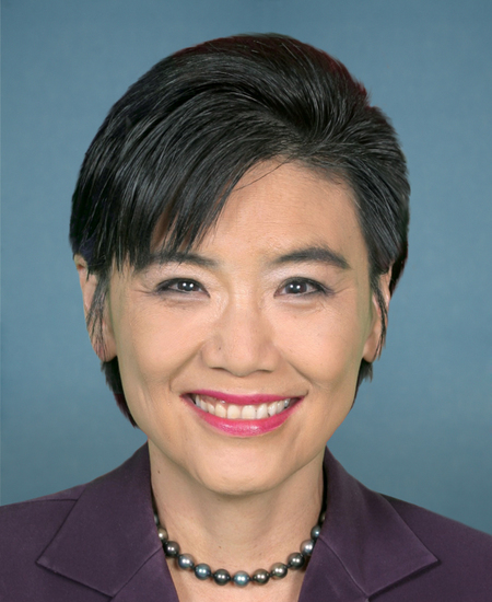 Official congressional portrait of Representative Judy Chu against a grey-blue studio background.