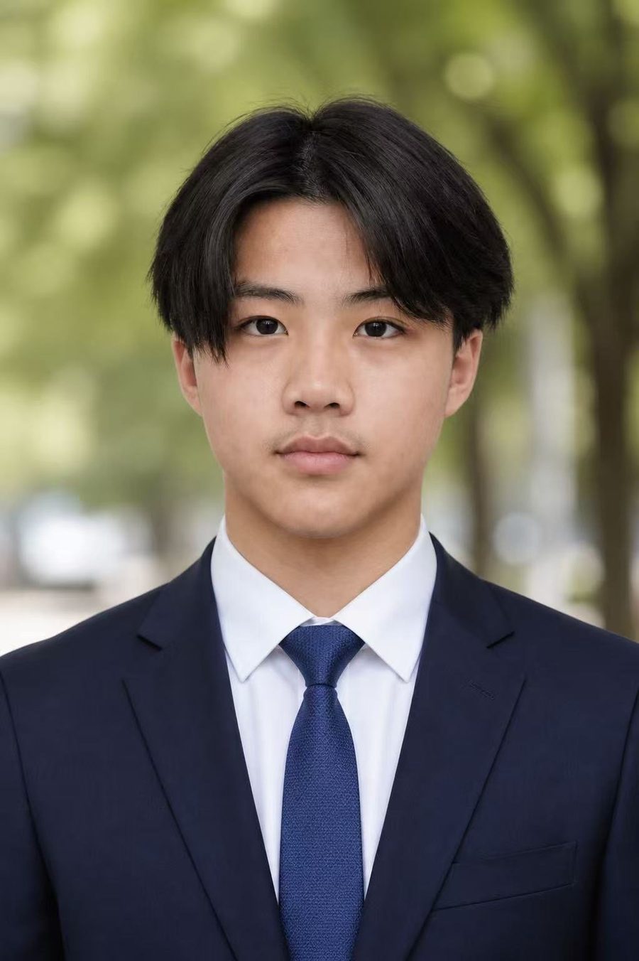 Nico Gong in a navy suit, white shirt and blue tie, photographed outdoors on a tree-lined street.