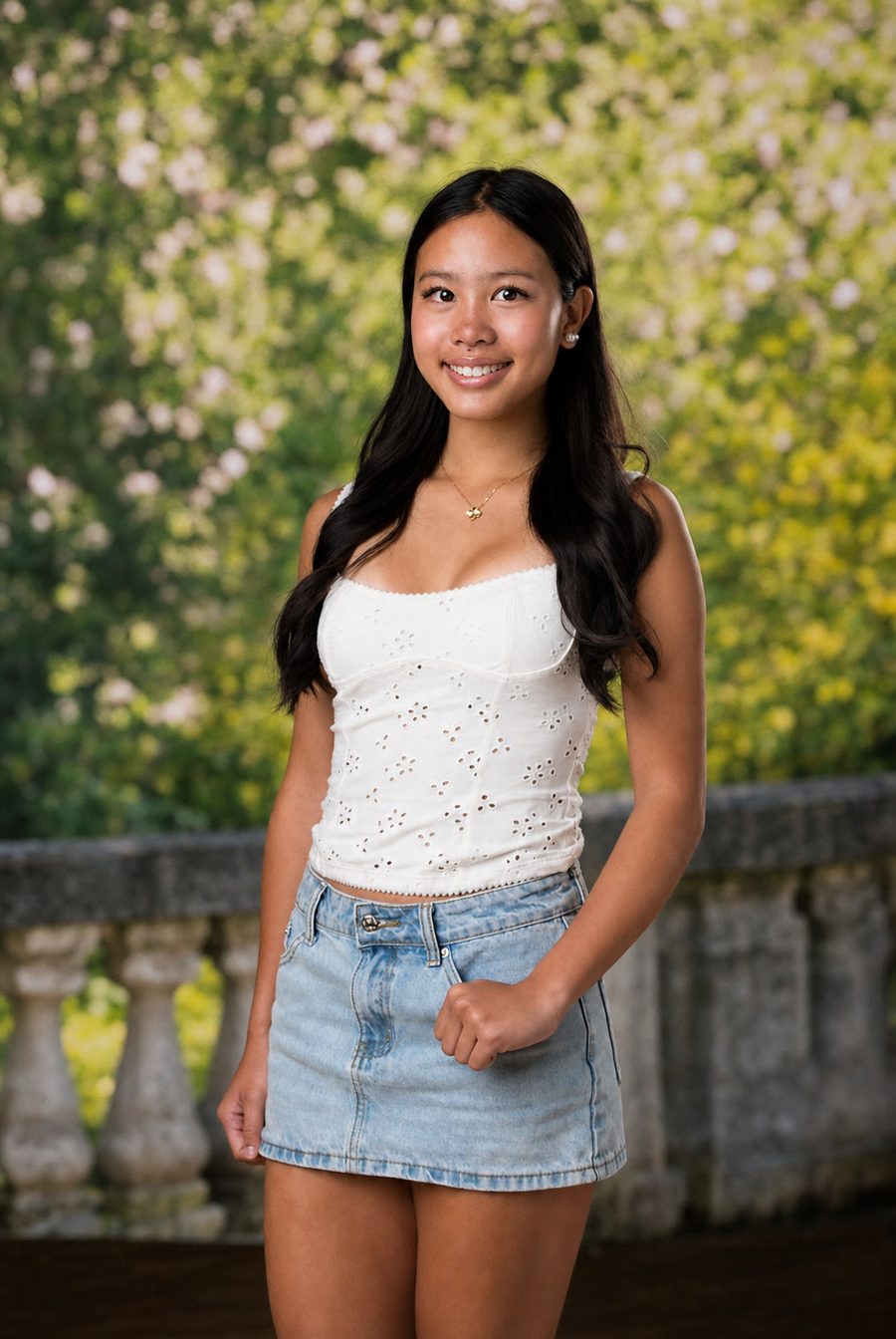 Sherry Chen standing outdoors in a white top and denim skirt, with flowering shrubs and a stone balustrade behind her.